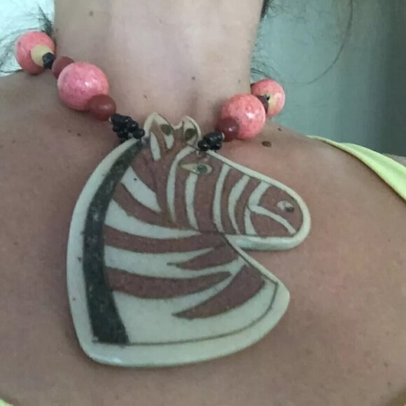 Vintage Lee Sands Zebra Head Statement Necklace in box - Picture 2 of 4